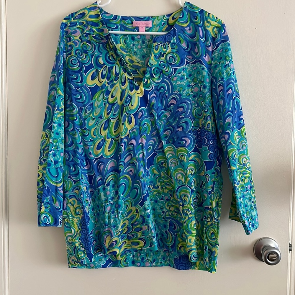 Lilly Pulitzer Blue Peacock Print Tunic EUC Size Medium